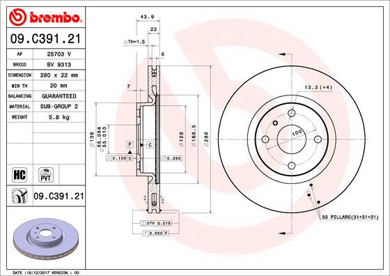 Brembo 09.C391.21 - Гальмівний диск autozip.com.ua