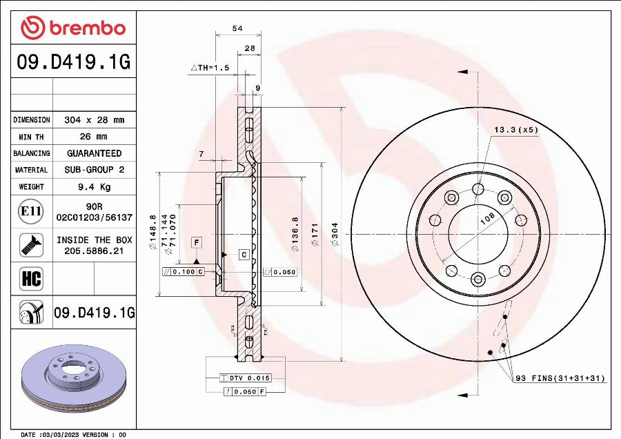 Brembo 09.D419.1G - Гальмівний диск autozip.com.ua