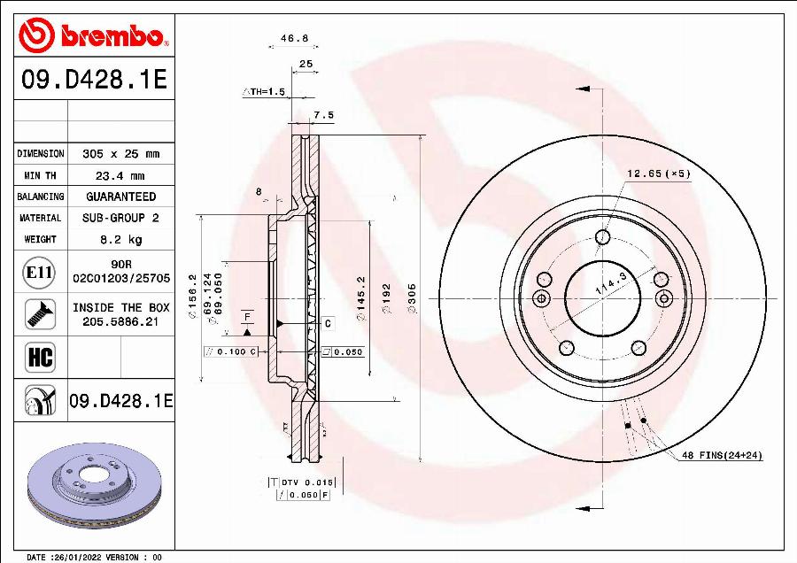 Brembo 09.D428.1E - Гальмівний диск autozip.com.ua