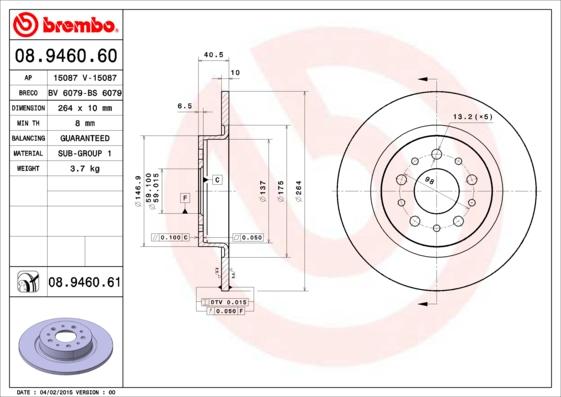 Brembo 08.9460.61 - Гальмівний диск autozip.com.ua