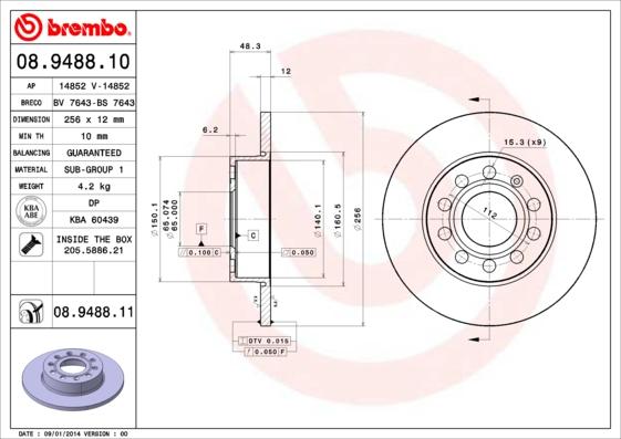 Brembo 08.9488.10 - Гальмівний диск autozip.com.ua