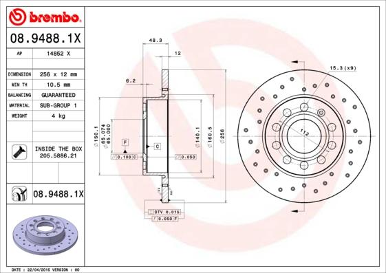 Brembo 08.9488.1X - Гальмівний диск autozip.com.ua