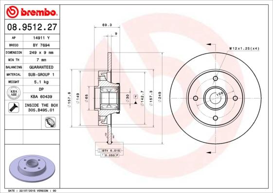 Brembo 08.9512.27 - Гальмівний диск autozip.com.ua