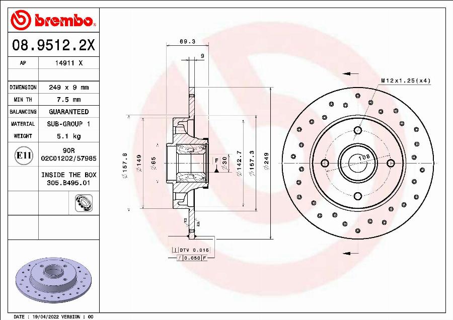 Brembo 08.9512.2X - Гальмівний диск autozip.com.ua