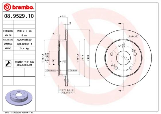 Brembo 08.9529.10 - Гальмівний диск autozip.com.ua