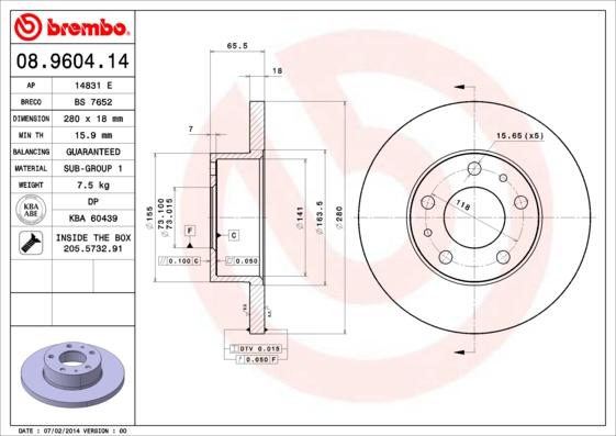 Brembo 08.9604.14 - Гальмівний диск autozip.com.ua