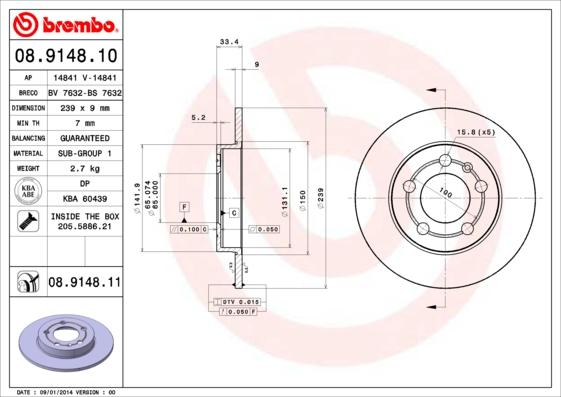 Brembo 08.9148.10 - Гальмівний диск autozip.com.ua