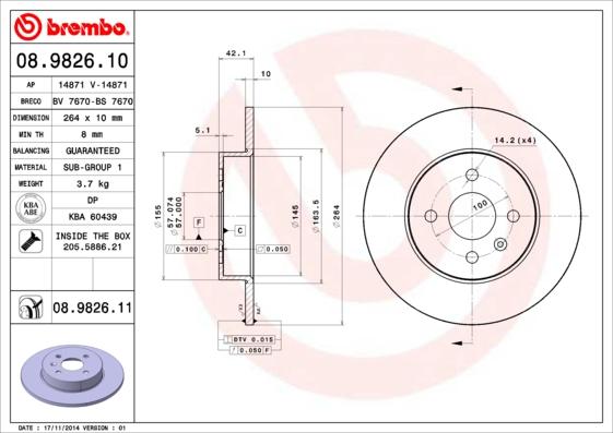 Brembo 08.9826.10 - Гальмівний диск autozip.com.ua