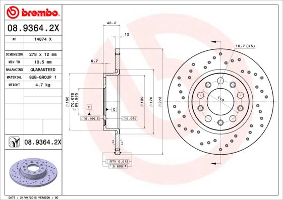 Brembo 08.9364.2X - Гальмівний диск autozip.com.ua