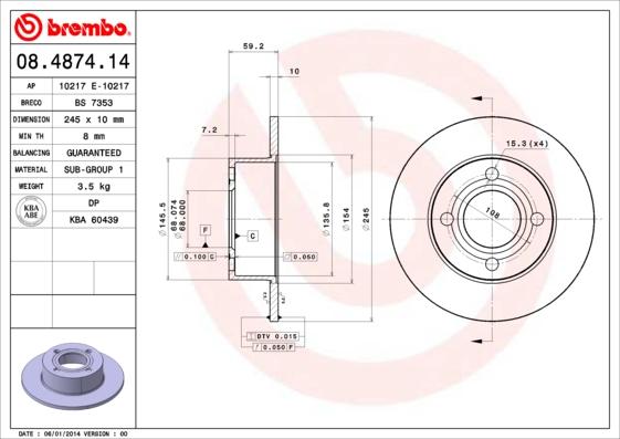 Brembo 08.4874.14 - Гальмівний диск autozip.com.ua