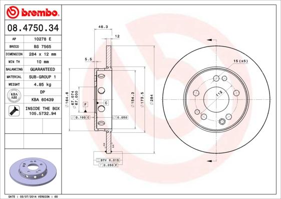 Brembo 08.4750.34 - Гальмівний диск autozip.com.ua