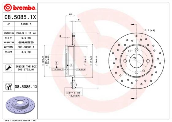 Brembo 08.5085.1X - Гальмівний диск autozip.com.ua