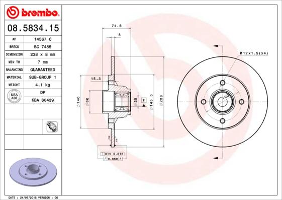 Brembo 08.5834.15 - Гальмівний диск autozip.com.ua