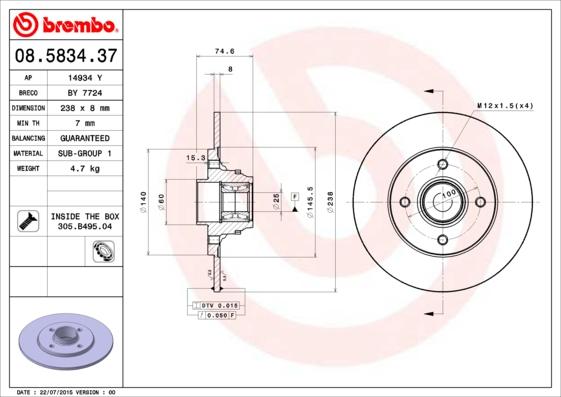 Brembo 08.5834.37 - Гальмівний диск autozip.com.ua