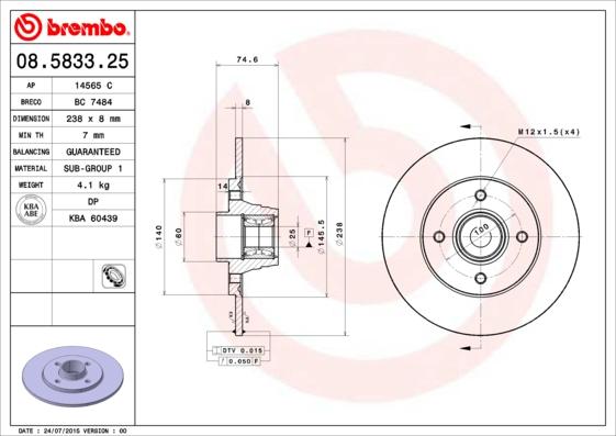 Brembo 08.5833.25 - Гальмівний диск autozip.com.ua