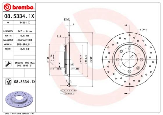 Brembo 08.5334.1X - Гальмівний диск autozip.com.ua