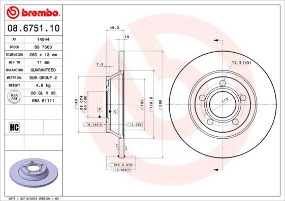 Brembo 08.6751.10 - Гальмівний диск autozip.com.ua