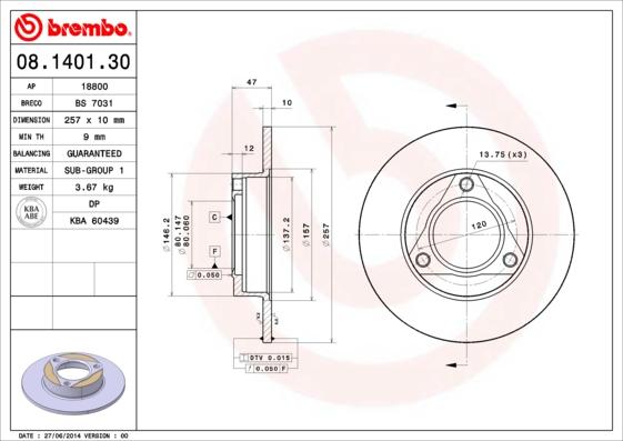 Brembo 08.1401.30 - Гальмівний диск autozip.com.ua