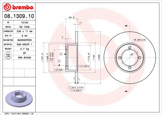 Brembo 08.1309.10 - Гальмівний диск autozip.com.ua