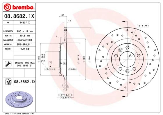 Brembo 08.8682.1X - Гальмівний диск autozip.com.ua