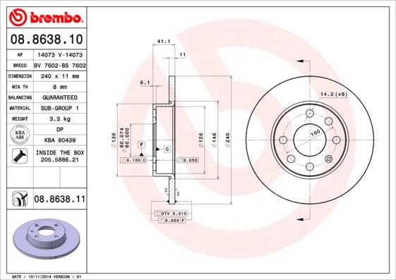 Brembo 08.8638.10 - Гальмівний диск autozip.com.ua