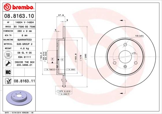 Brembo 08.8163.11 - Гальмівний диск autozip.com.ua