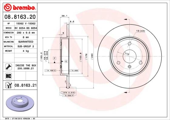 Brembo 08.8163.21 - Гальмівний диск autozip.com.ua