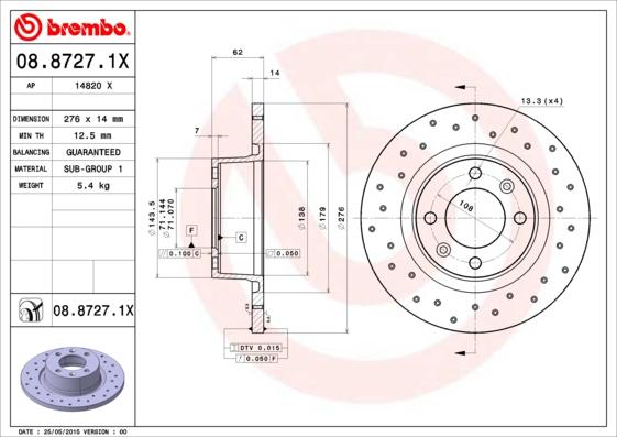 Brembo 08.8727.1X - Гальмівний диск autozip.com.ua