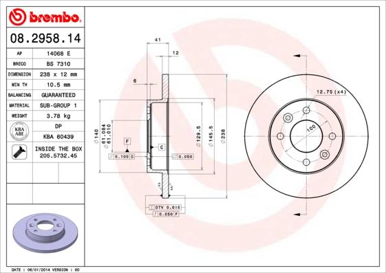 Brembo 08.2958.14 - Гальмівний диск autozip.com.ua