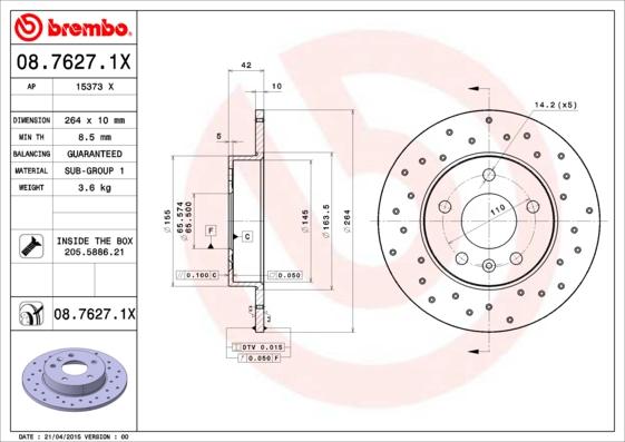 Brembo 08.7627.1X - Гальмівний диск autozip.com.ua