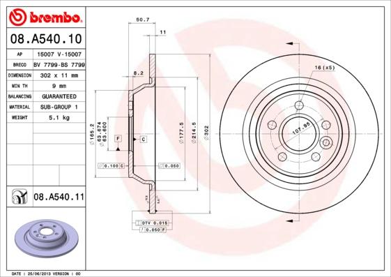 Brembo 08.A540.11 - Гальмівний диск autozip.com.ua