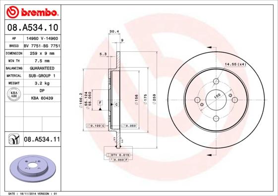 Brembo 08.A534.10 - Гальмівний диск autozip.com.ua