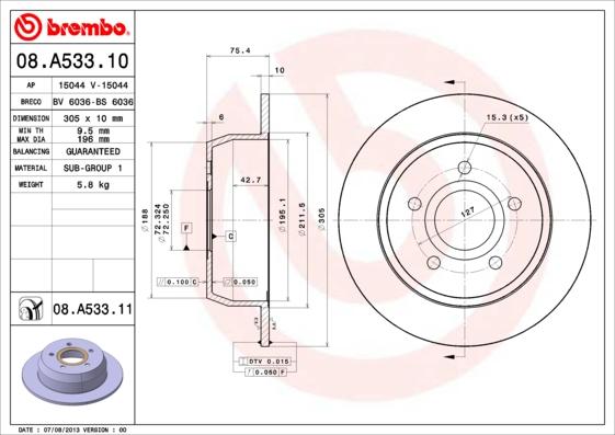 Brembo 08.A533.11 - Гальмівний диск autozip.com.ua