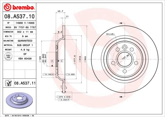 Brembo 08.A537.11 - Гальмівний диск autozip.com.ua