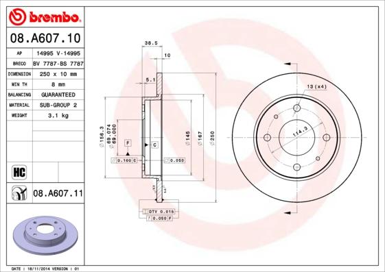 Brembo 08.A607.10 - Гальмівний диск autozip.com.ua