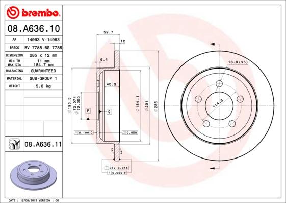 Brembo 08.A636.10 - Гальмівний диск autozip.com.ua