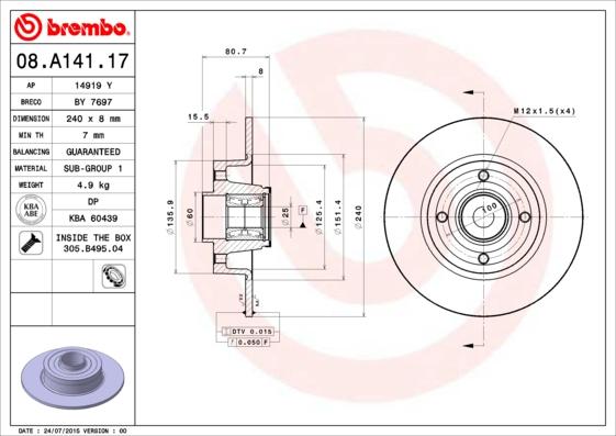 Brembo 08.A141.17 - Гальмівний диск autozip.com.ua