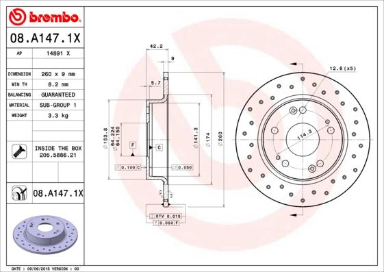 Brembo 08.A147.1X - Гальмівний диск autozip.com.ua