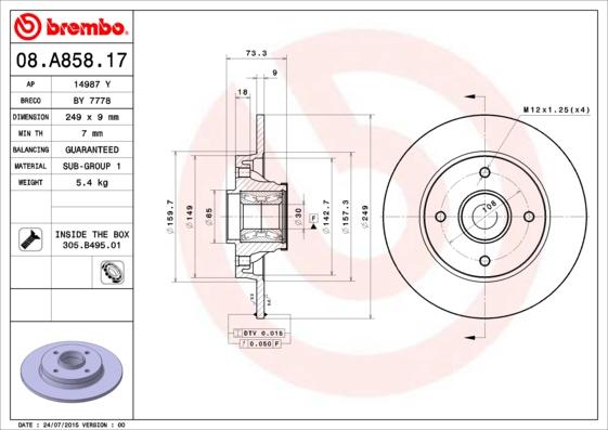 Brembo 08.A858.17 - Гальмівний диск autozip.com.ua