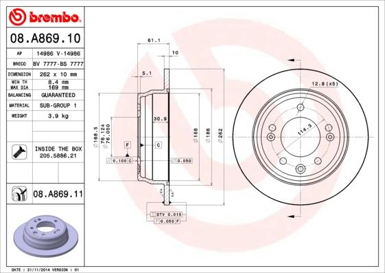 Brembo 08.A869.11 - Гальмівний диск autozip.com.ua