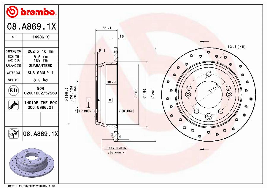 Brembo 08.A869.1X - Гальмівний диск autozip.com.ua