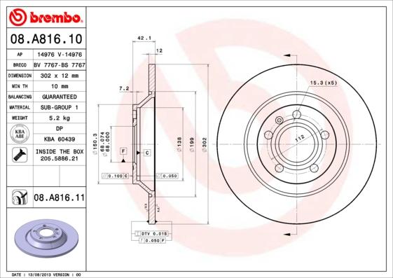 Brembo 08.A816.10 - Гальмівний диск autozip.com.ua