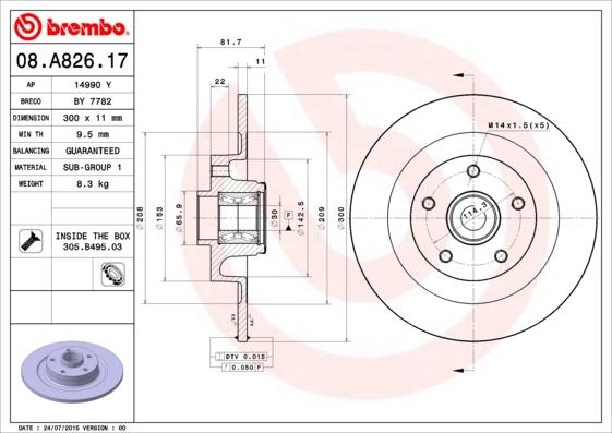 Brembo 08.A826.17 - Гальмівний диск autozip.com.ua