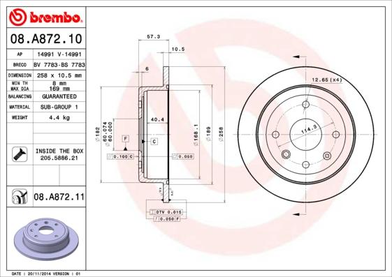 Brembo 08.A872.10 - Гальмівний диск autozip.com.ua
