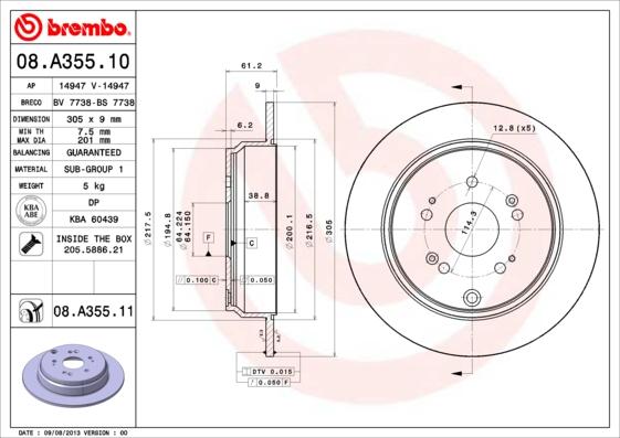 Brembo 08.A355.11 - Гальмівний диск autozip.com.ua