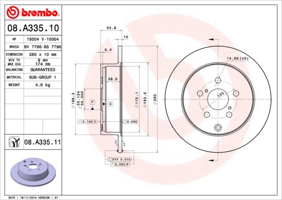 Brembo 08.A335.10 - Гальмівний диск autozip.com.ua