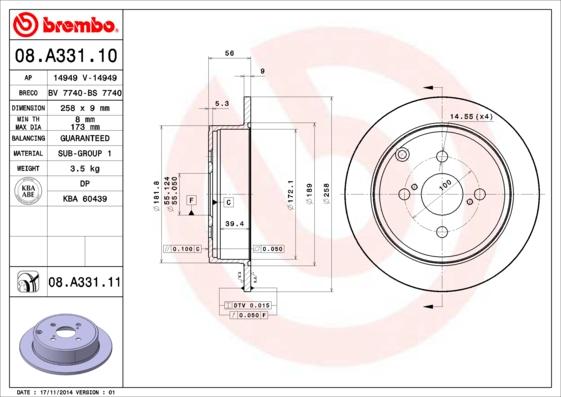 Brembo 08.A331.11 - Гальмівний диск autozip.com.ua