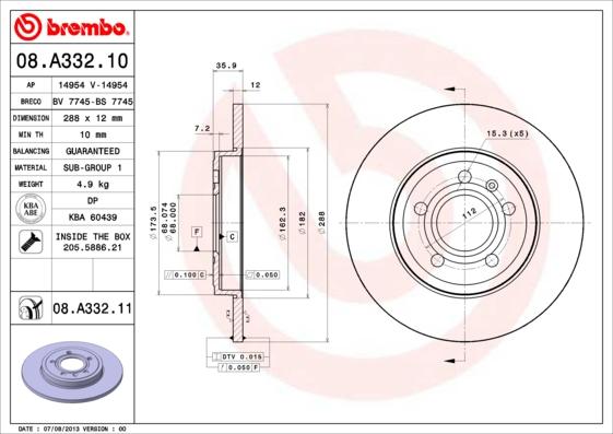 Brembo 08.A332.10 - Гальмівний диск autozip.com.ua