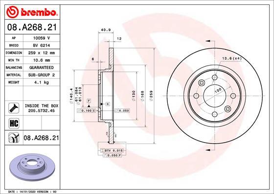 Brembo 08.A268.21 - Гальмівний диск autozip.com.ua