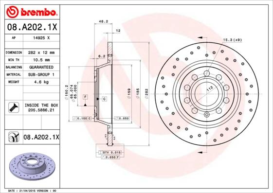 Brembo 08.A202.1X - Гальмівний диск autozip.com.ua